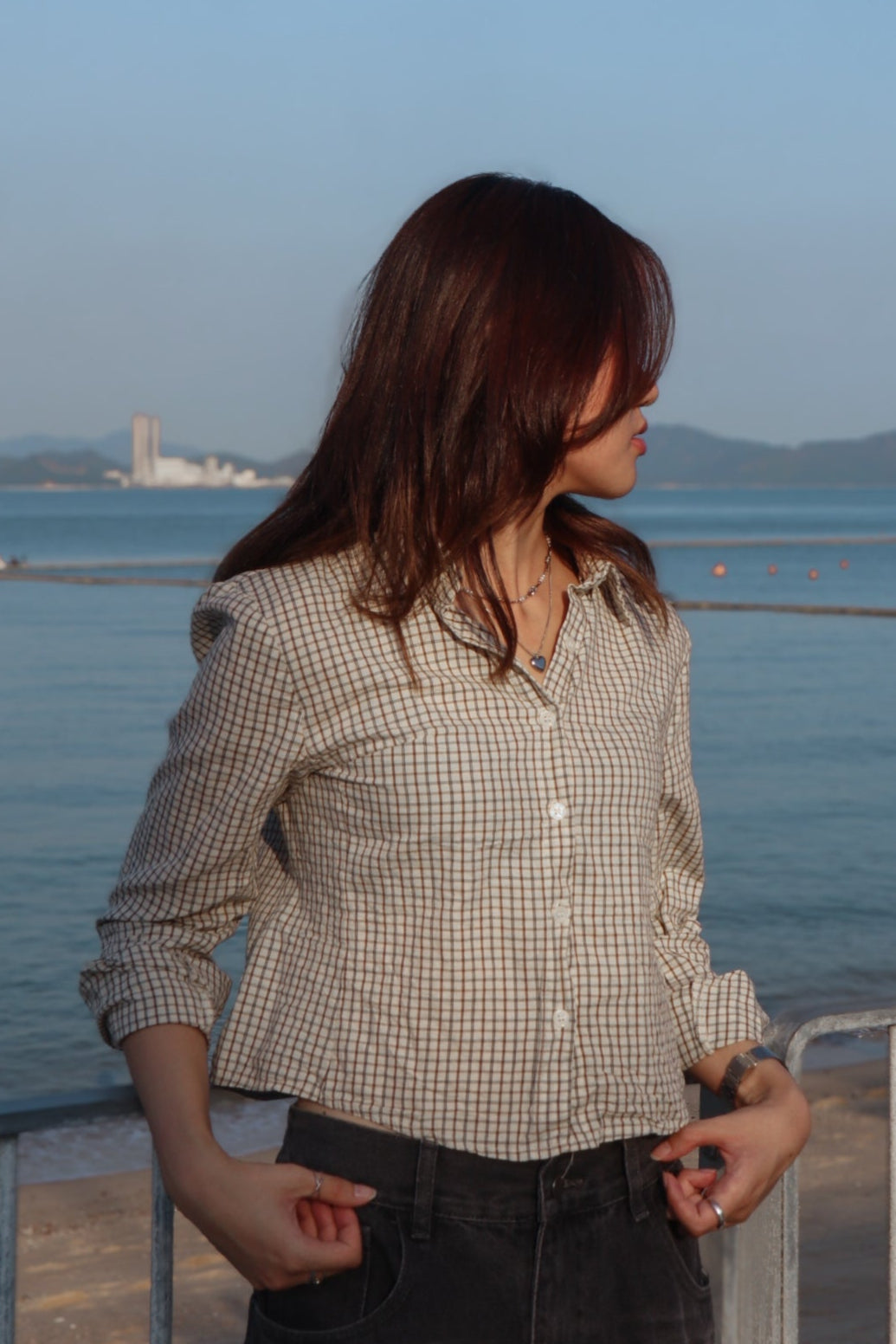 Mono Checked Cropped Shirt ( Beige )