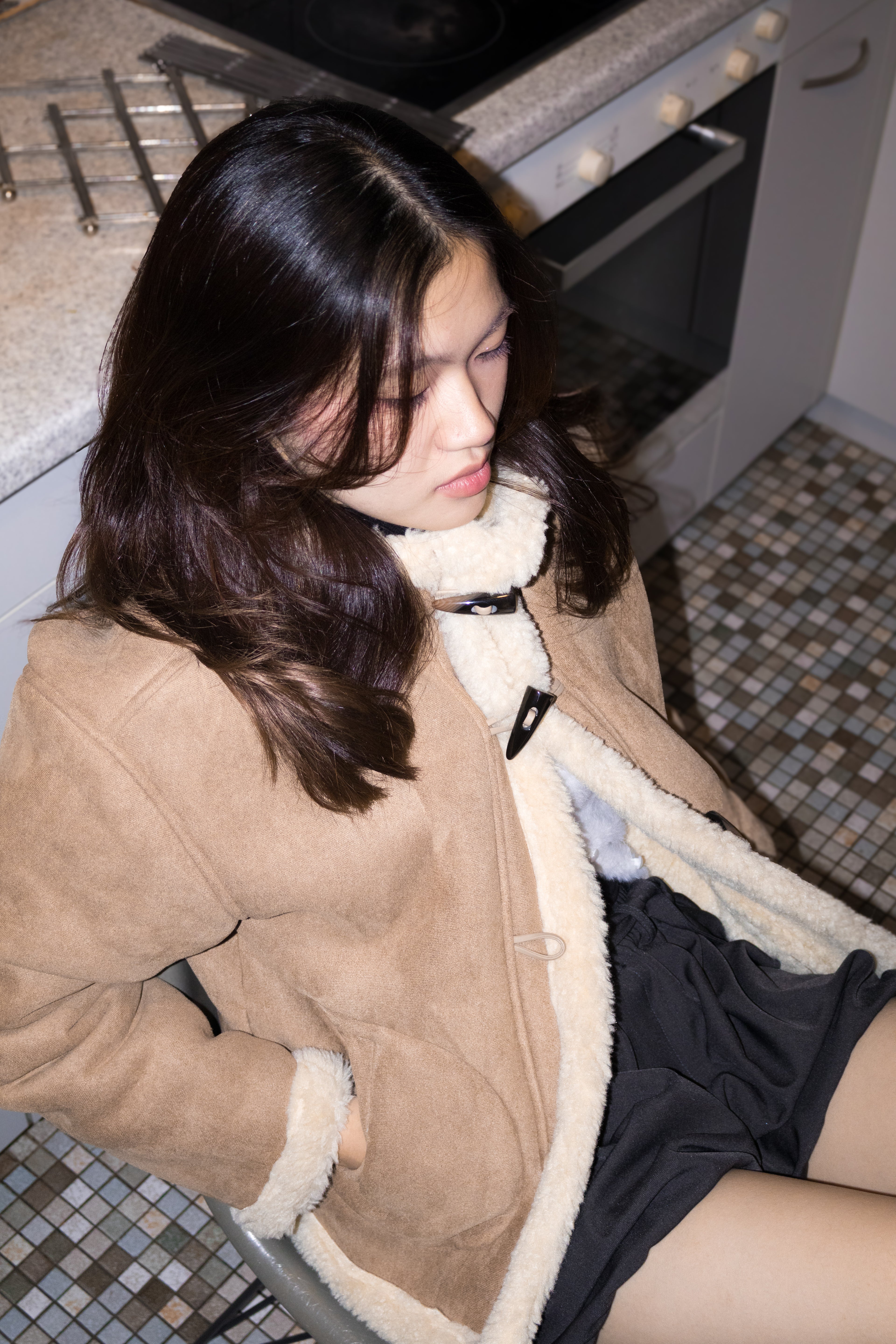 Suede Hooded Borg Coat (Beige)