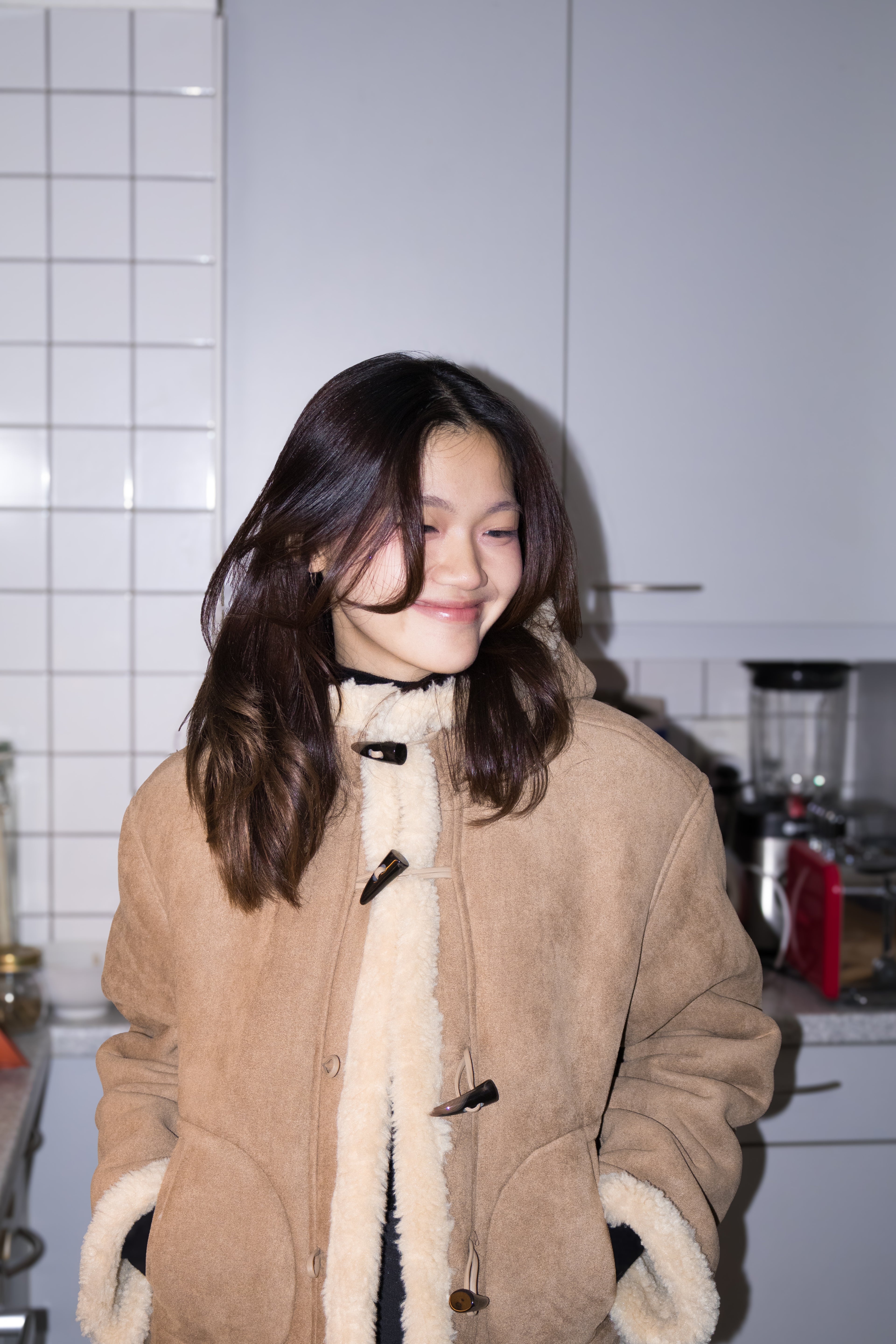 Suede Hooded Borg Coat (Beige)