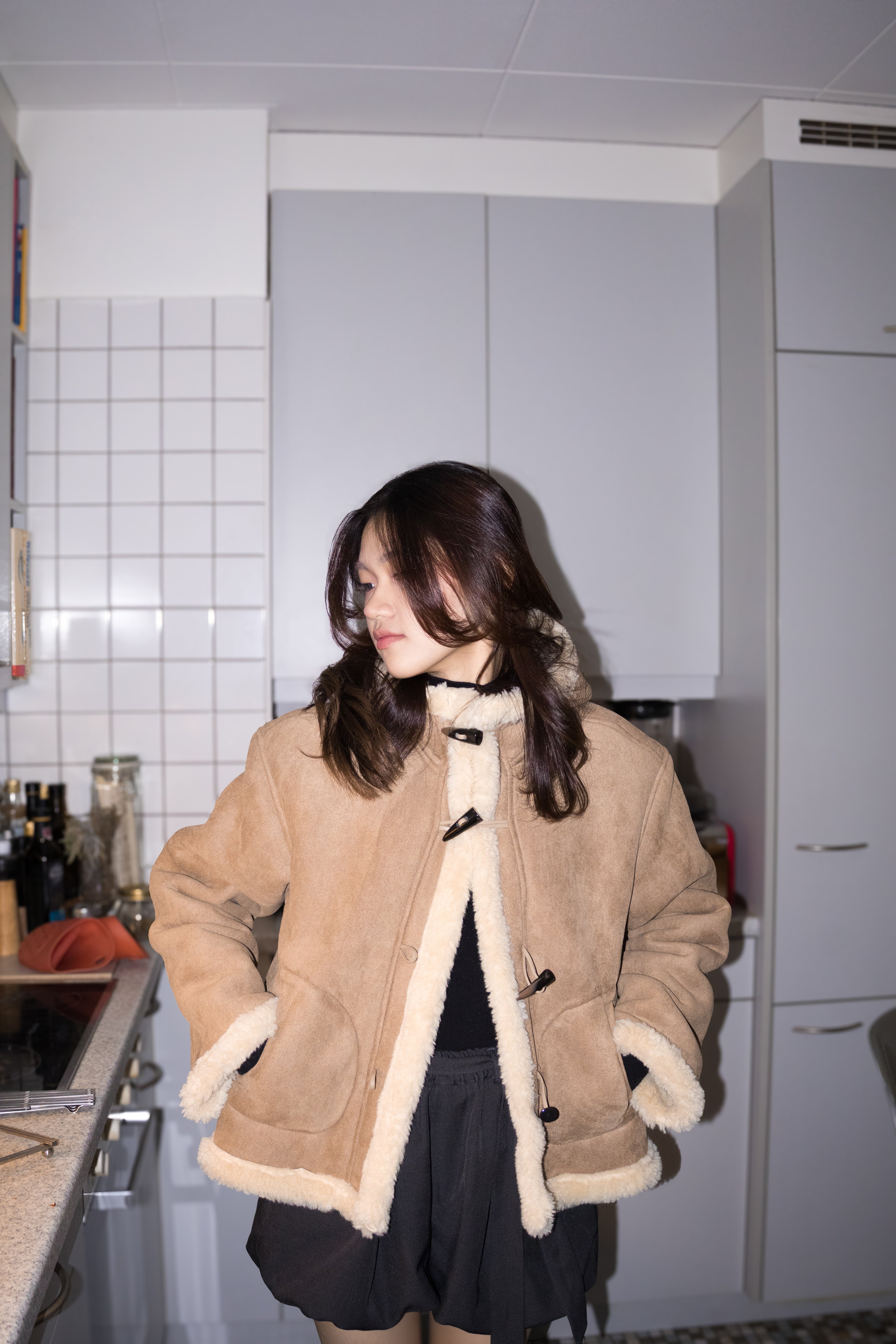 Suede Hooded Borg Coat (Beige)