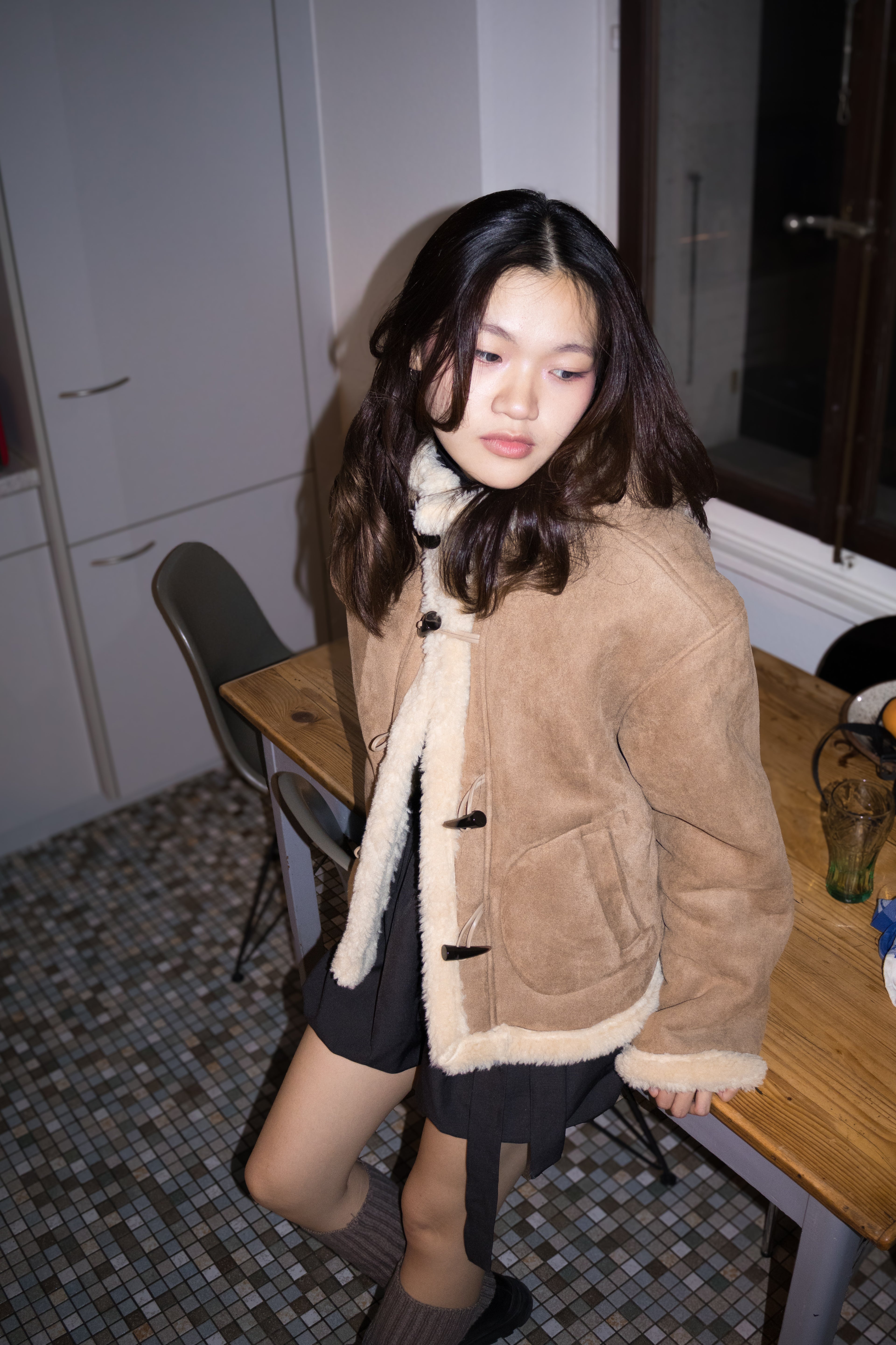 Suede Hooded Borg Coat (Beige)