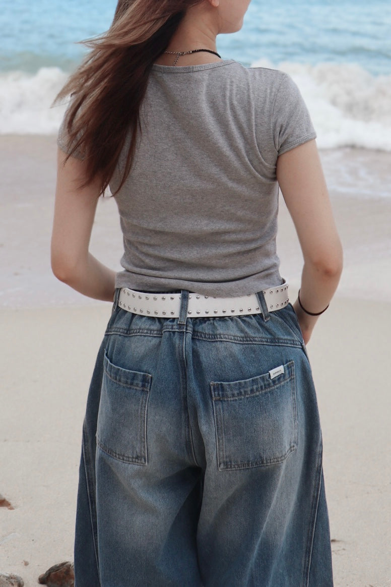 Silver Studded Oval Belt ( White )