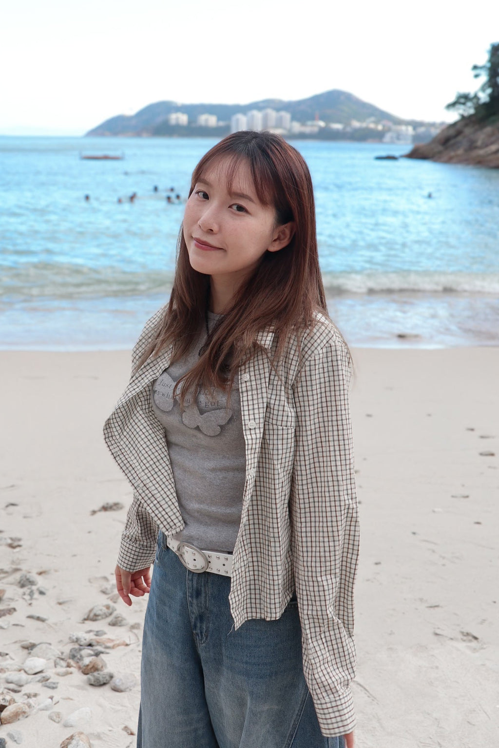 Mono Checked Cropped Shirt ( Beige )