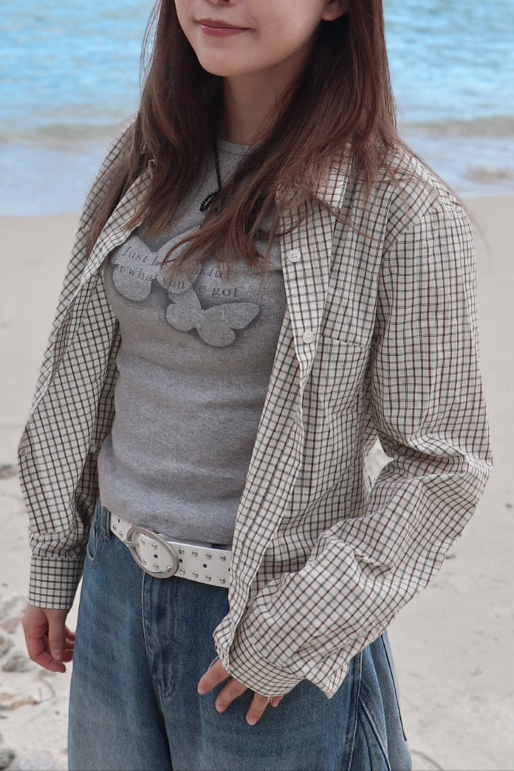 Mono Checked Cropped Shirt ( Beige )