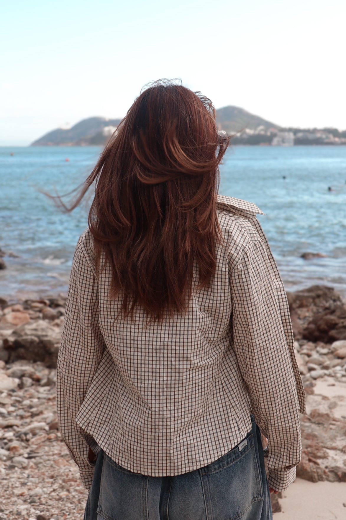 Mono Checked Cropped Shirt ( Beige )