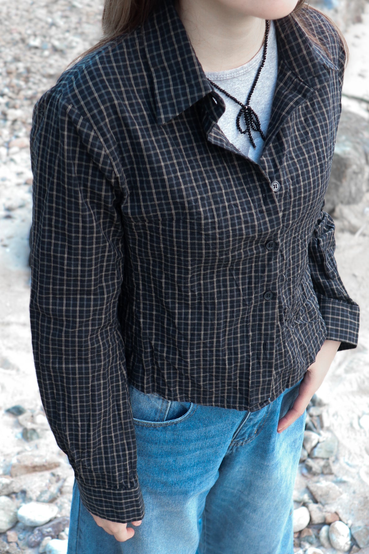 Mono Checked Cropped Shirt ( Black )
