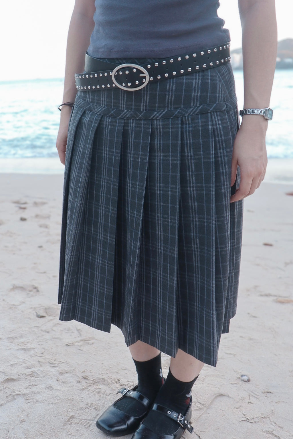 Checked Pleated Midi Skirt