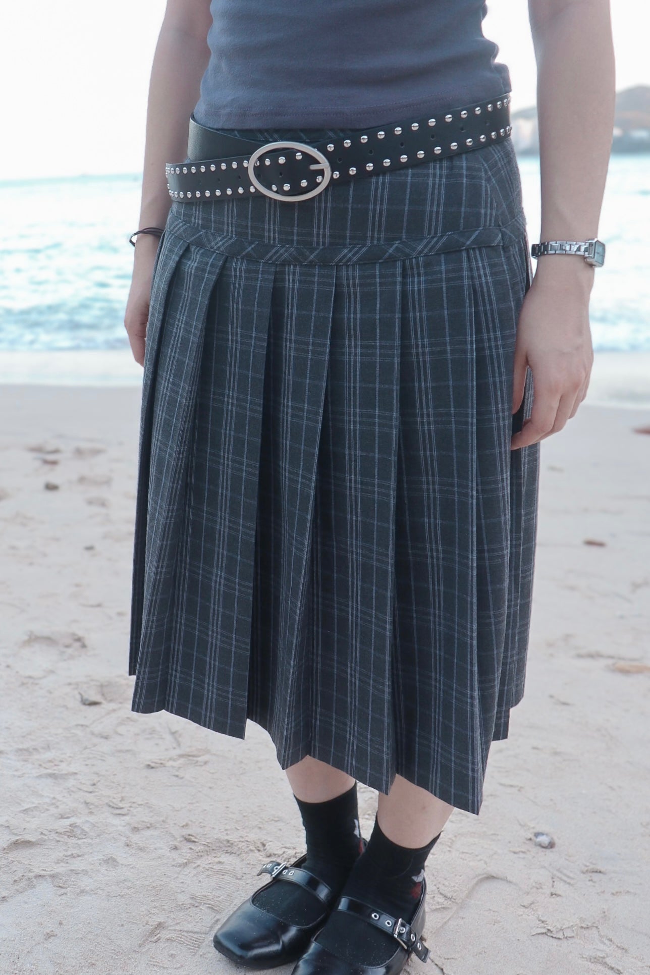 Checked Pleated Midi Skirt