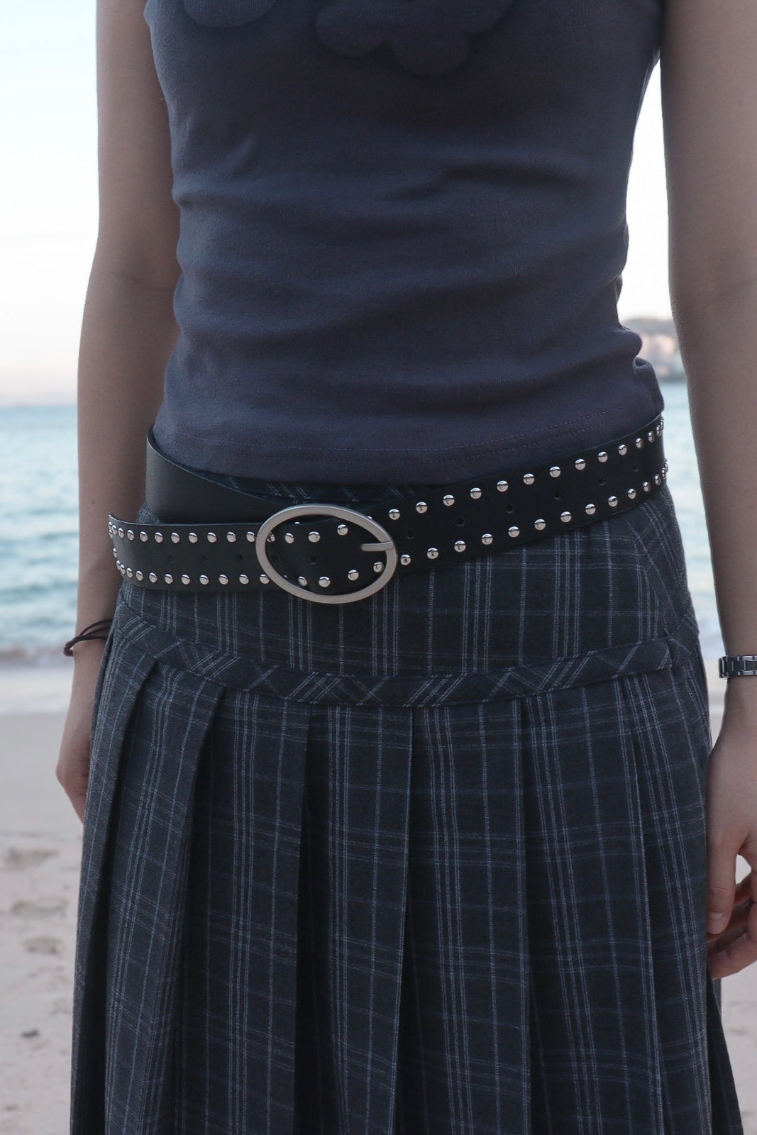 Silver Studded Oval Belt ( Black )