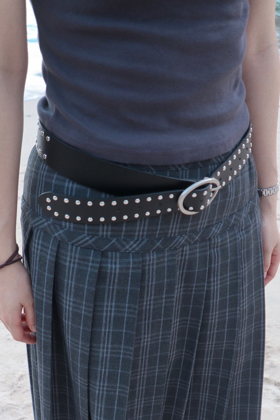 Silver Studded Oval Belt ( Black )