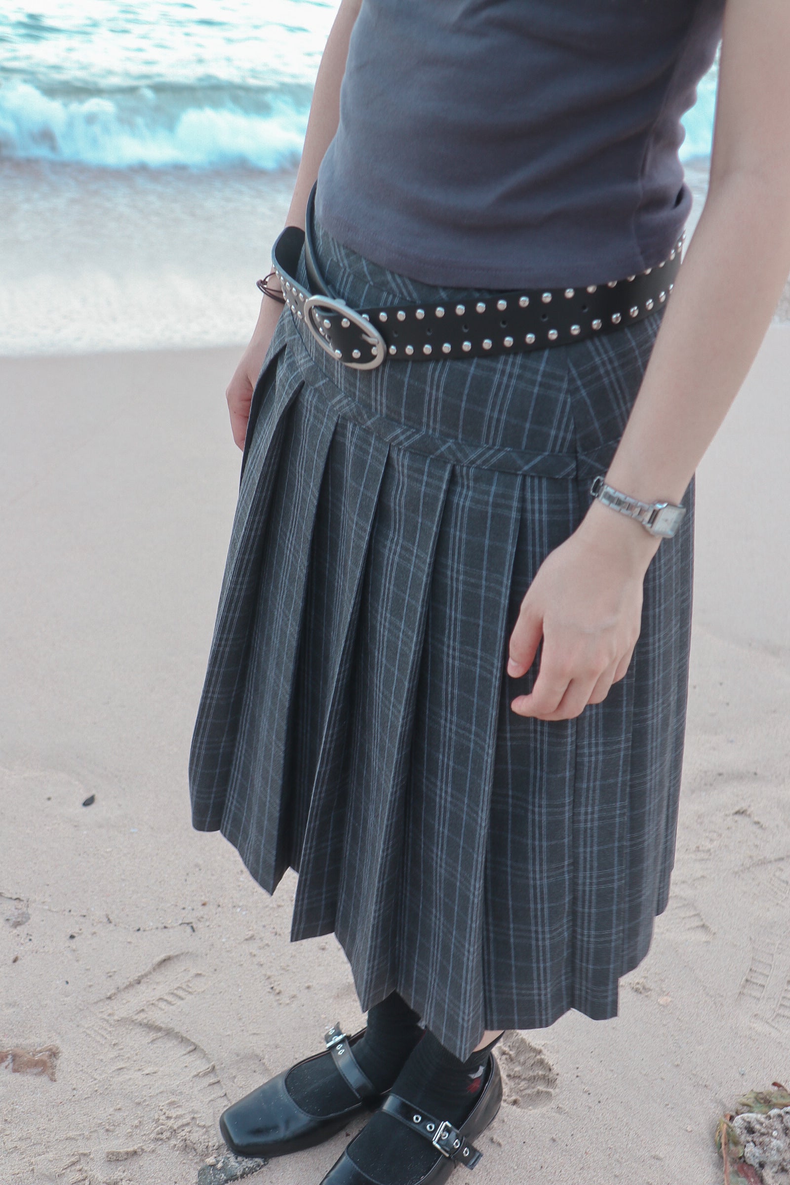 Checked Pleated Midi Skirt