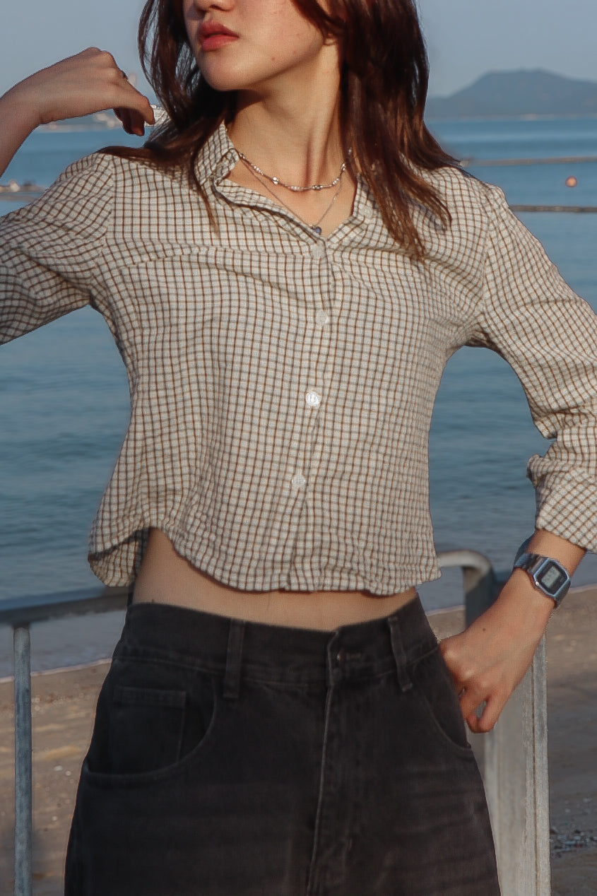 Mono Checked Cropped Shirt ( Beige )