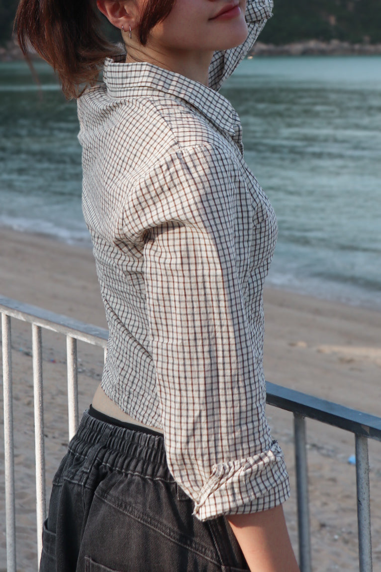 Mono Checked Cropped Shirt ( Beige )