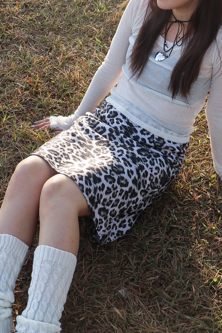 Leopard Silk Midi Skirt (Beige)