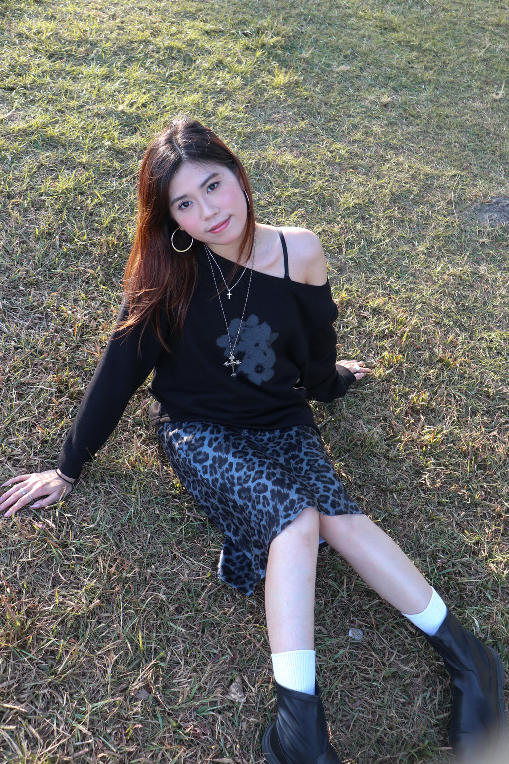 Leopard Silk Midi Skirt (Charcoal)