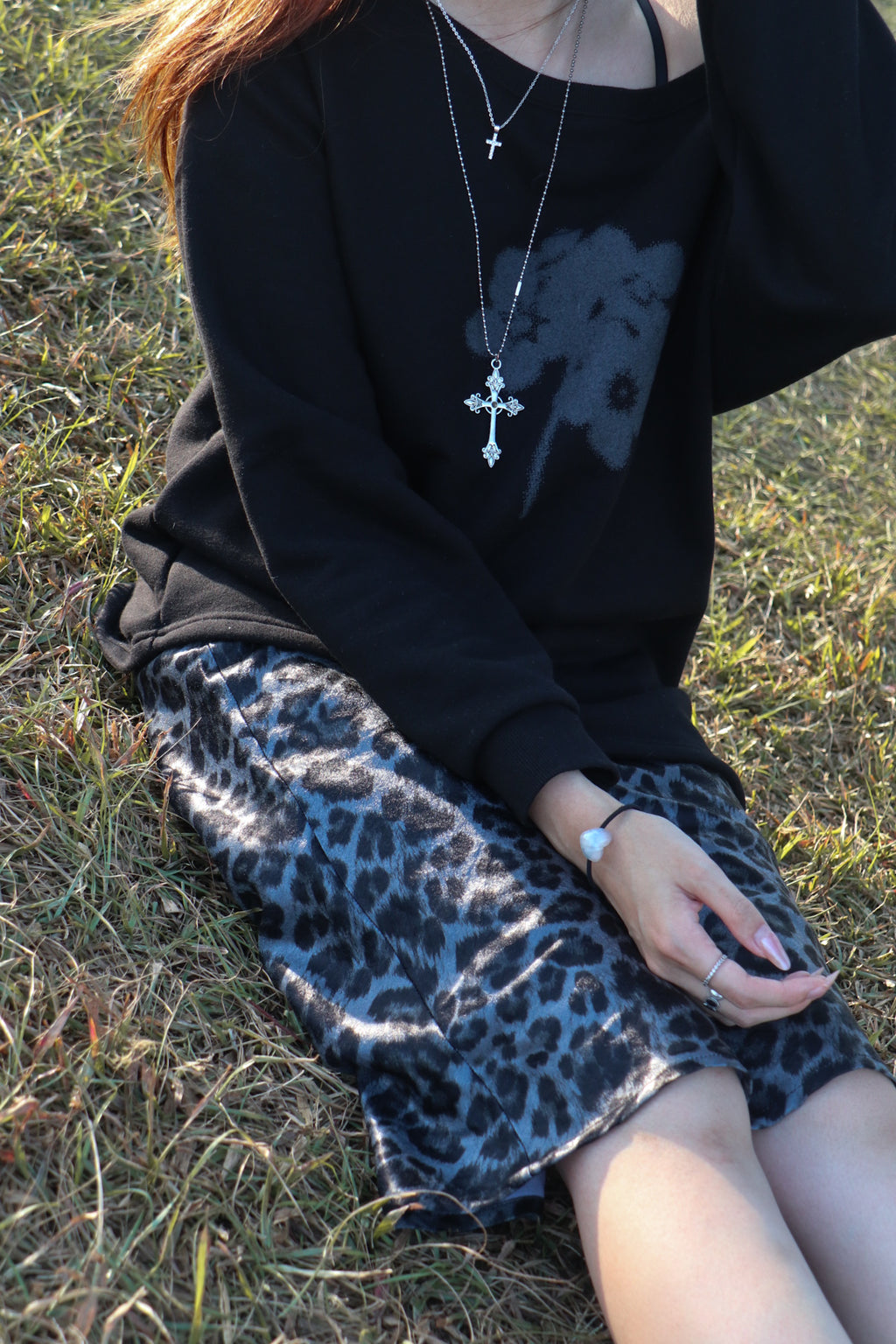 Leopard Silk Midi Skirt (Charcoal)