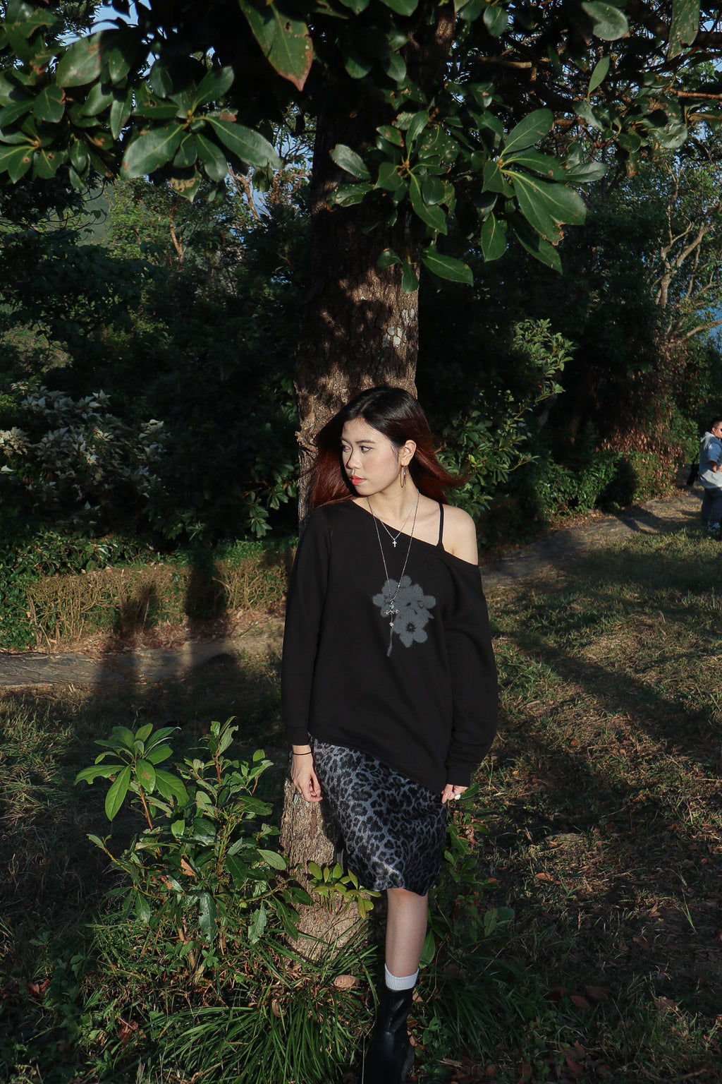 Leopard Silk Midi Skirt (Charcoal)