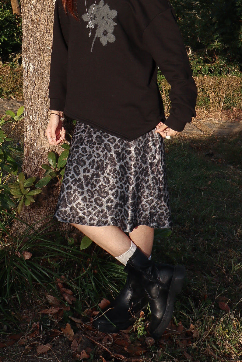 Leopard Silk Midi Skirt (Charcoal)