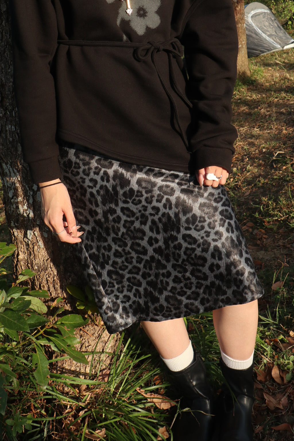 Leopard Silk Midi Skirt (Charcoal)