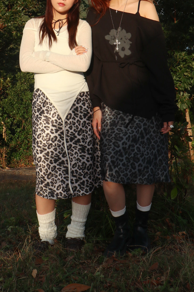 Leopard Silk Midi Skirt (Beige)