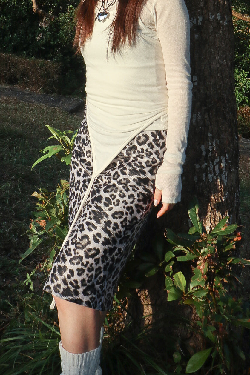 Leopard Silk Midi Skirt (Beige)